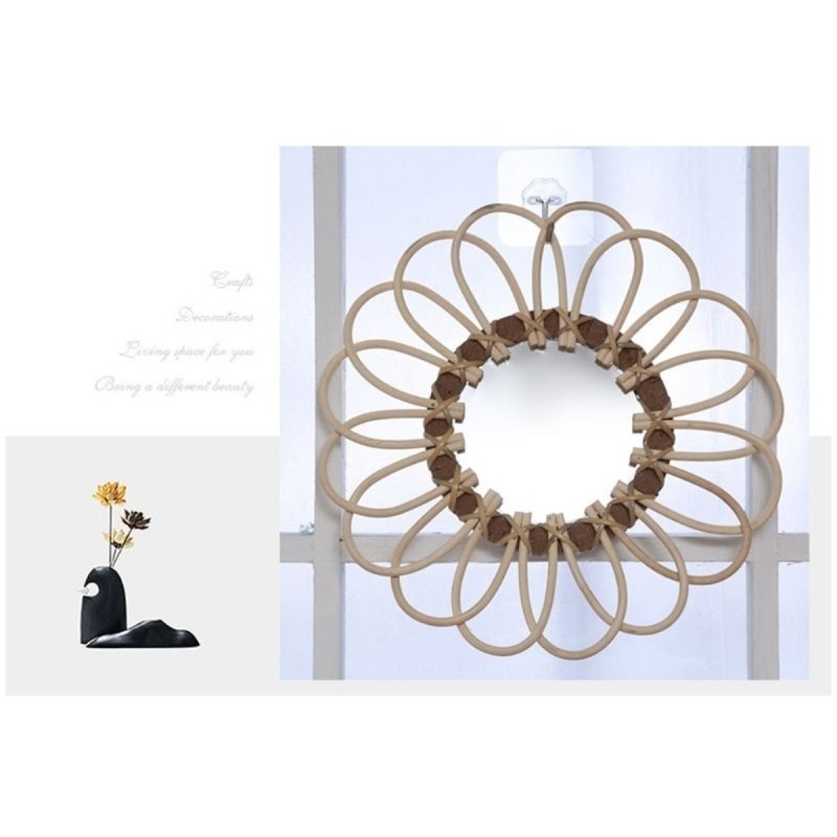 Espejo Colgante Pared Ratán Flor Redondo Decoración 28 Cm - Imagen 2