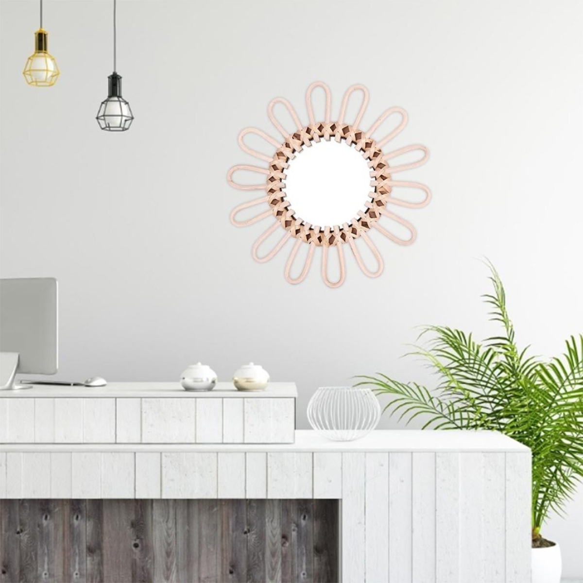 Espejo Colgante Pared Ratán Redondo Decoración 31 Cm - Imagen 2