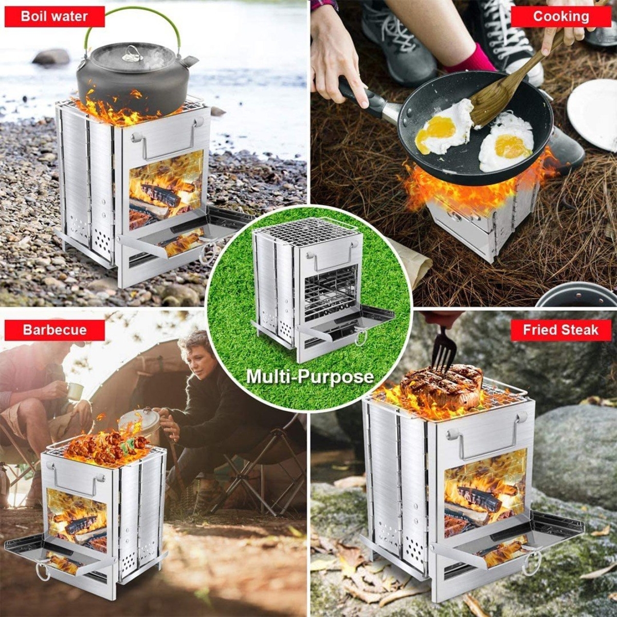 Mini Parrillero Estufa A Leña Camping Acero Inoxidable - Imagen 4