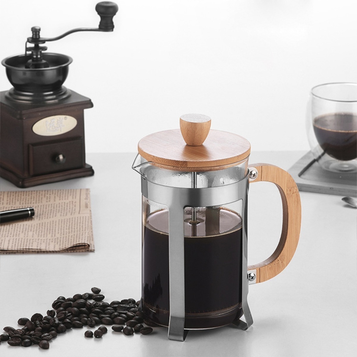 Cafetera Manual Embolo Prensa Francesa Vidrio Y Madera 600ml - Imagen 3