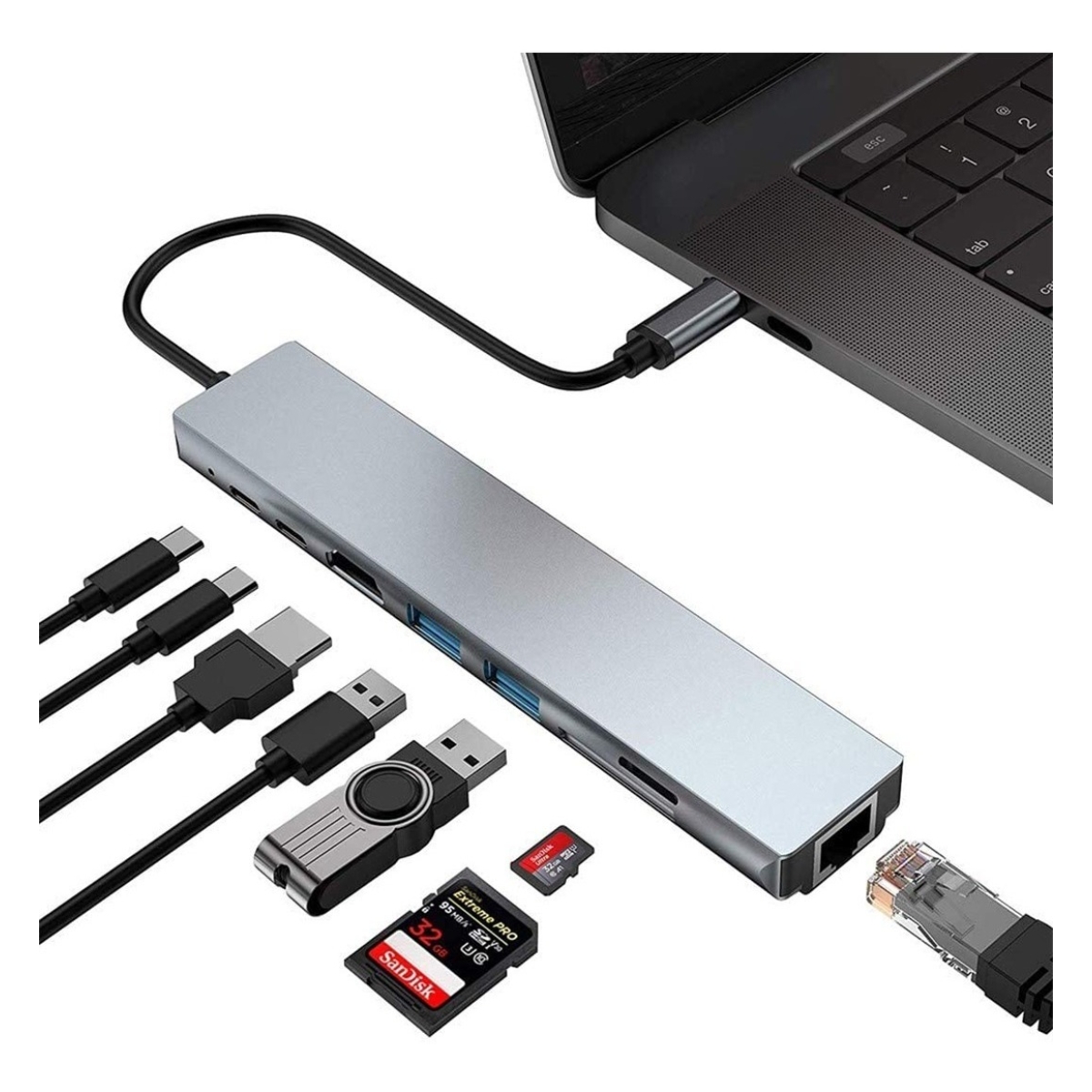 Hub Macbook Air Pro 8 En 1 Windows Tipo Usb C Apple Pendrive - Imagen 1