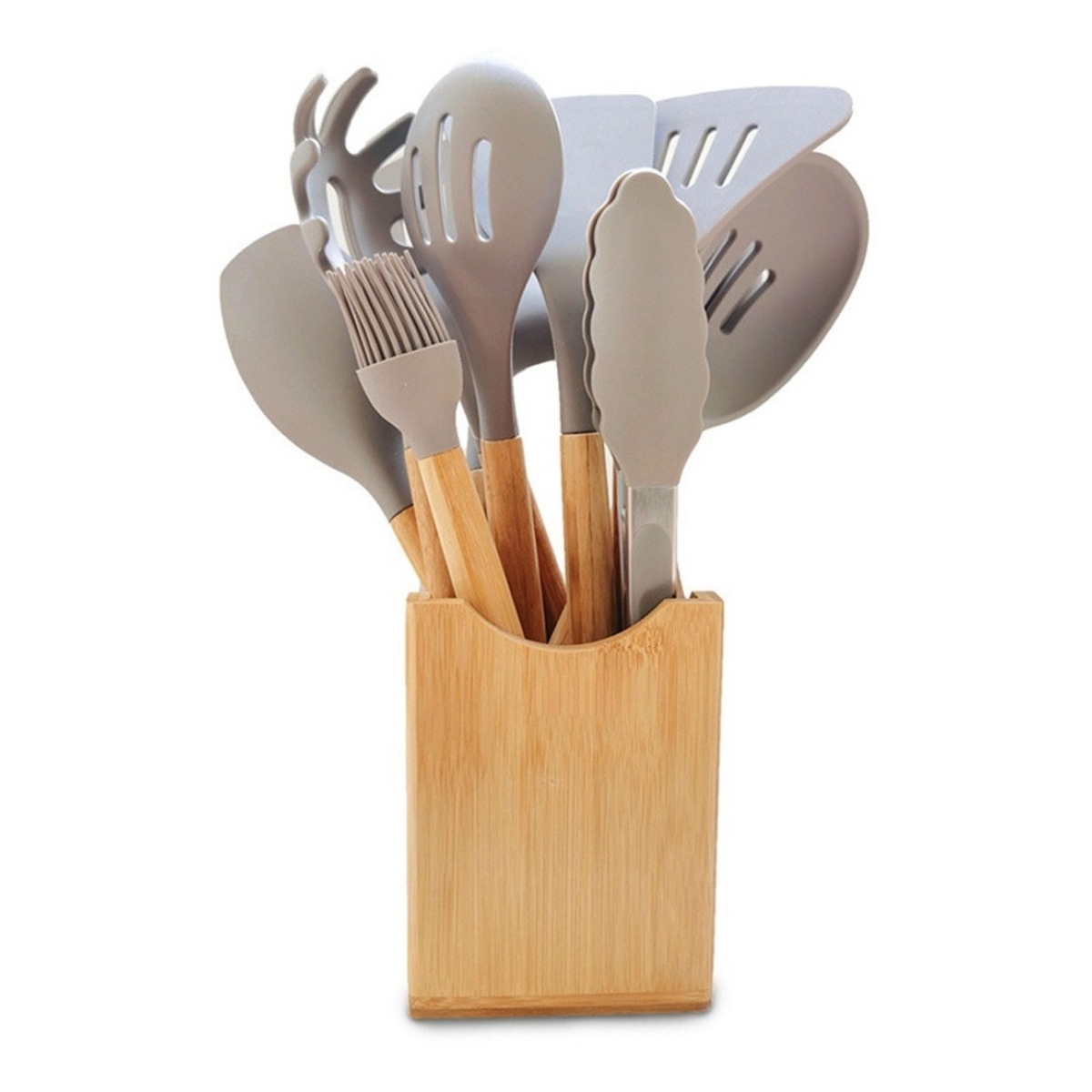Juego 9 Piezas Utensilios Silicona + Soporte Madera Cocina - Imagen 1