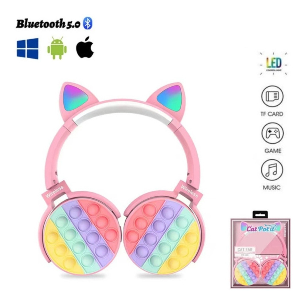 Auriculares Infantiles Con Orejas Gato Niños Popit Bluetooth