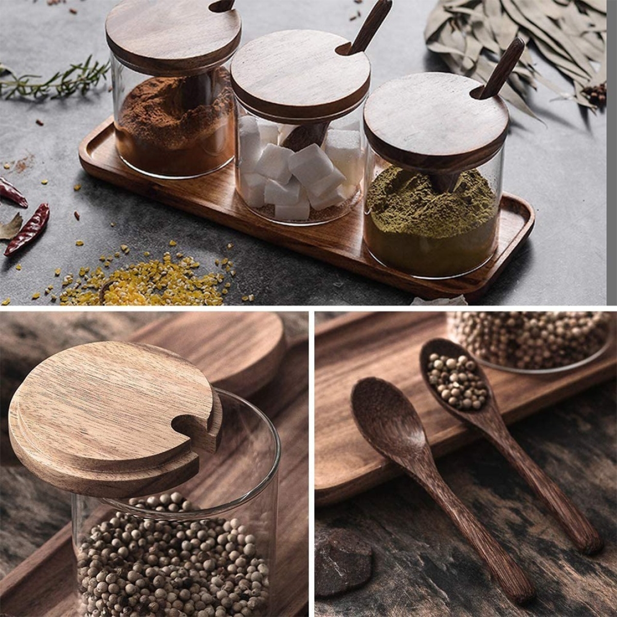 Frascos De Vidrio Especieros Tapa Madera Cocina Con Cuchara - Imagen 6
