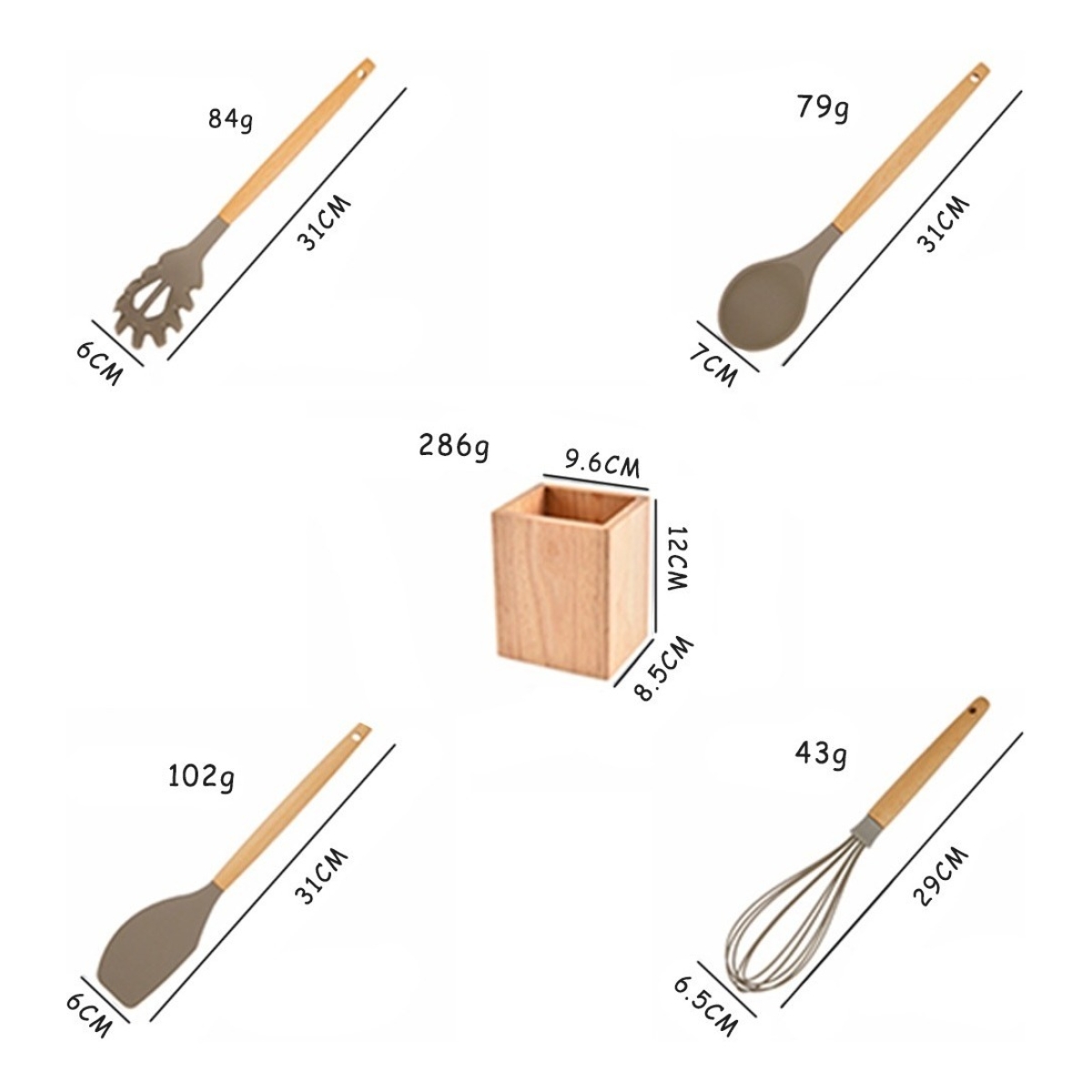 Juego 9 Piezas Utensilios Silicona + Soporte Madera Cocina - Imagen 3