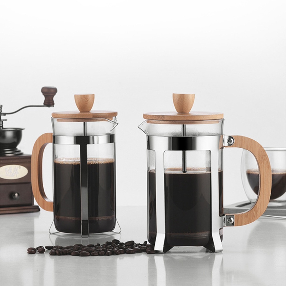 Cafetera Manual Embolo Prensa Francesa Vidrio Y Madera 600ml - Imagen 7