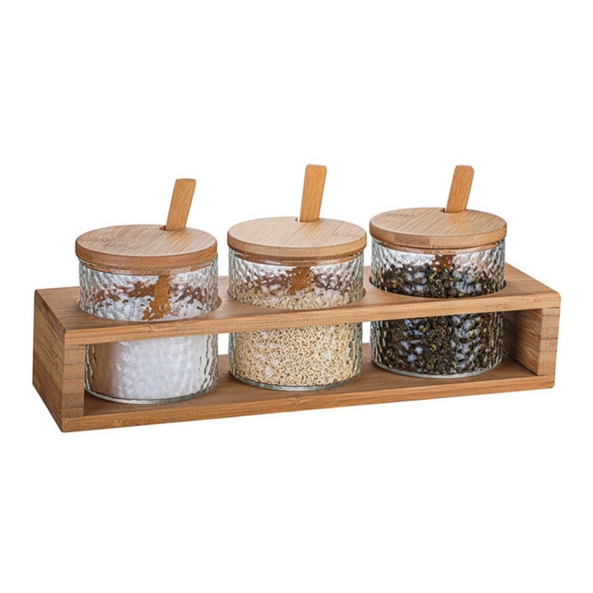 Set X3 Frascos De Vidrio Tapa Bambú Cocina Con Cuchara - Imagen 1