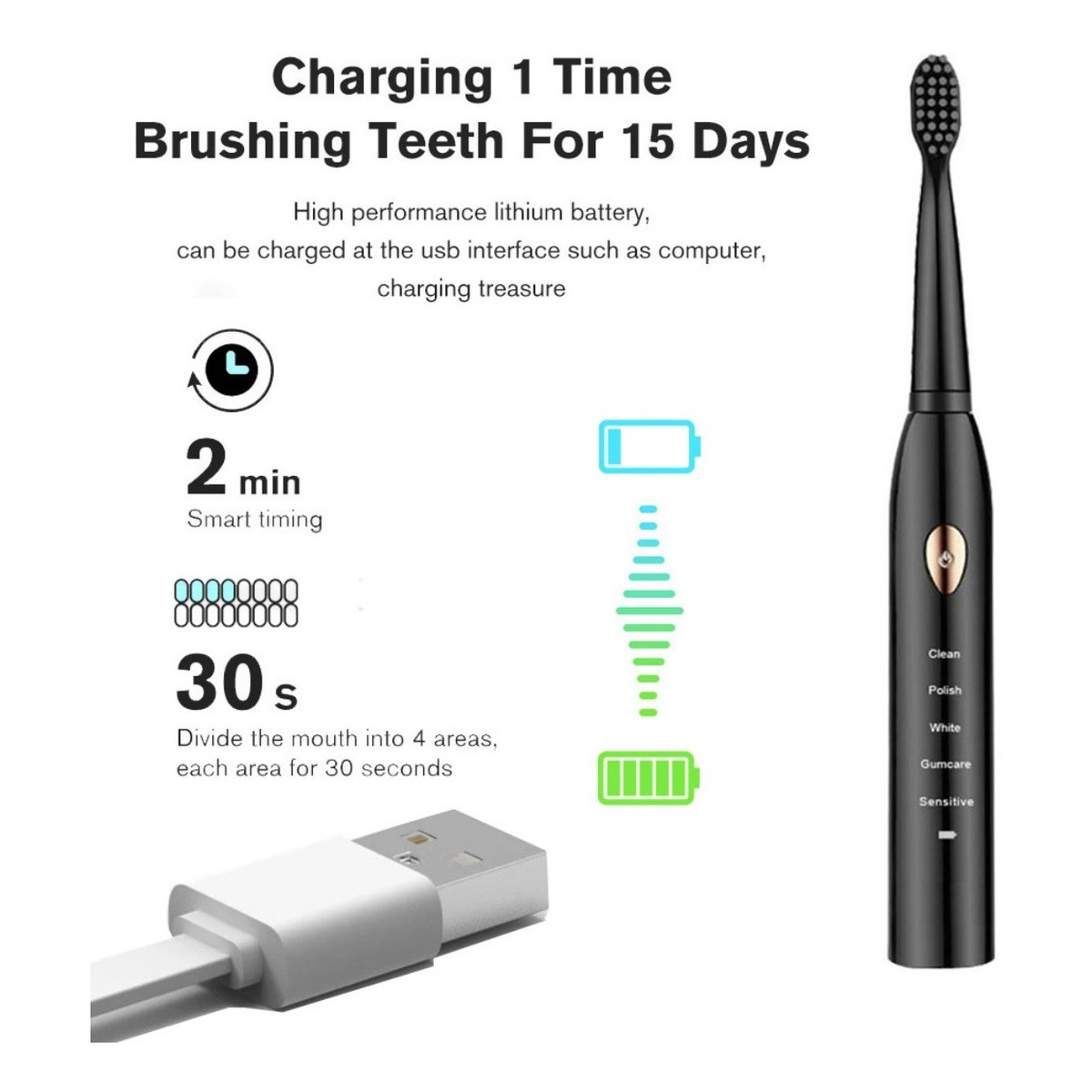 Cepillo Dental Electrico Recargable + 3 Cabezales Iluminaras - Imagen 3