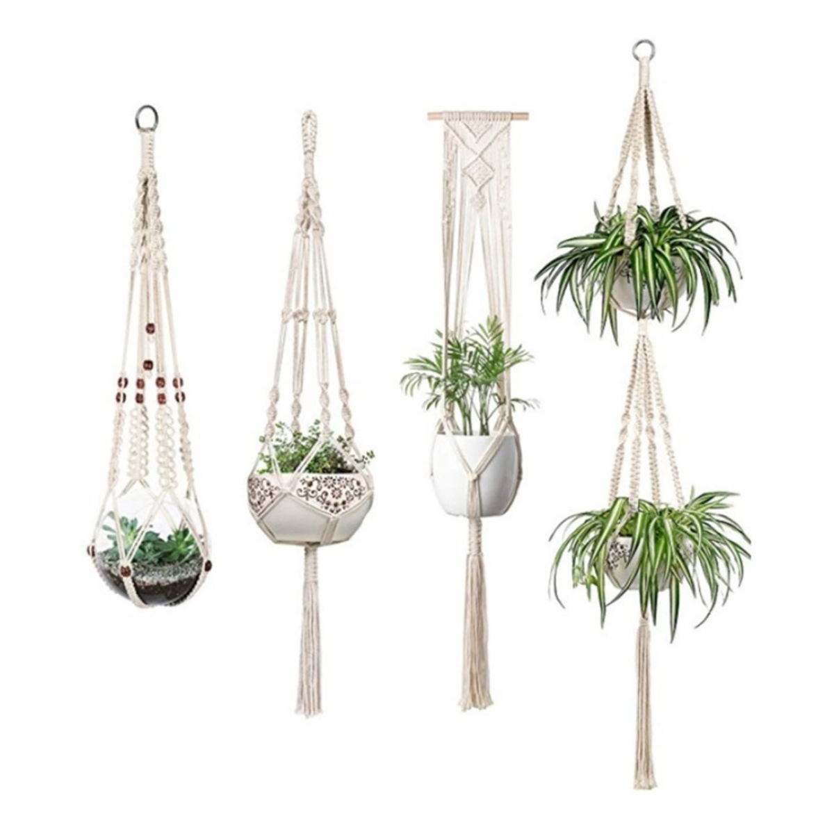 Porta Macetas Tejidos En Macrame Pack X 4 - Varios Diseños - Imagen 1