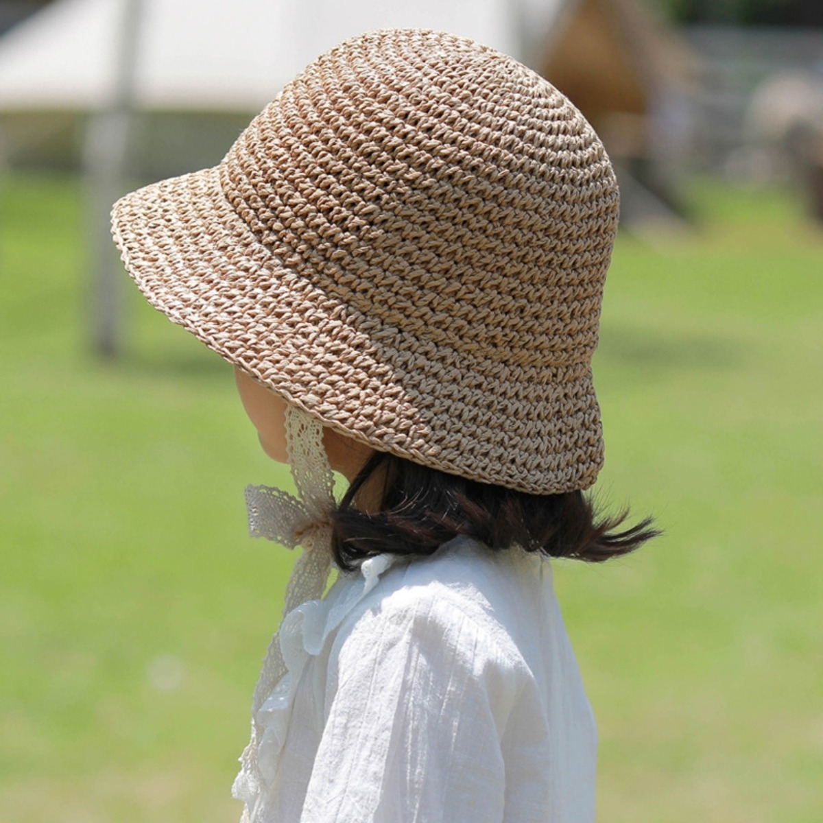 Sombrero De Encaje Con Lazo Para Niña Estilo Paja Verano - Imagen 6
