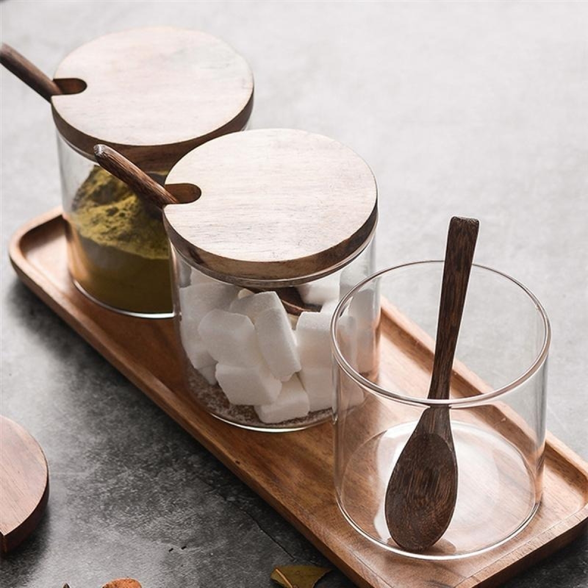 Frascos De Vidrio Especieros Tapa Madera Cocina Con Cuchara - Imagen 5