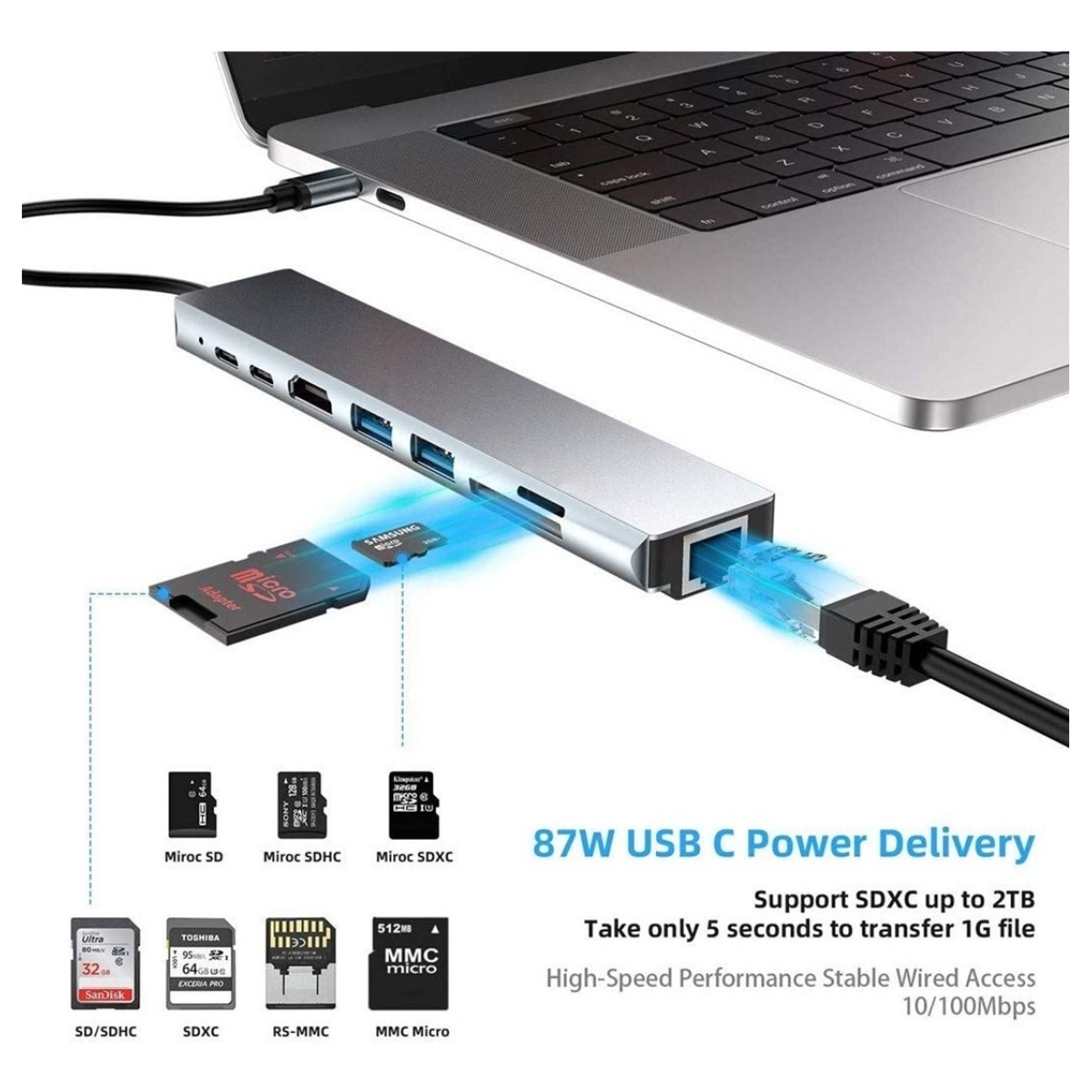 Hub Macbook Air Pro 8 En 1 Windows Tipo Usb C Apple Pendrive - Imagen 2