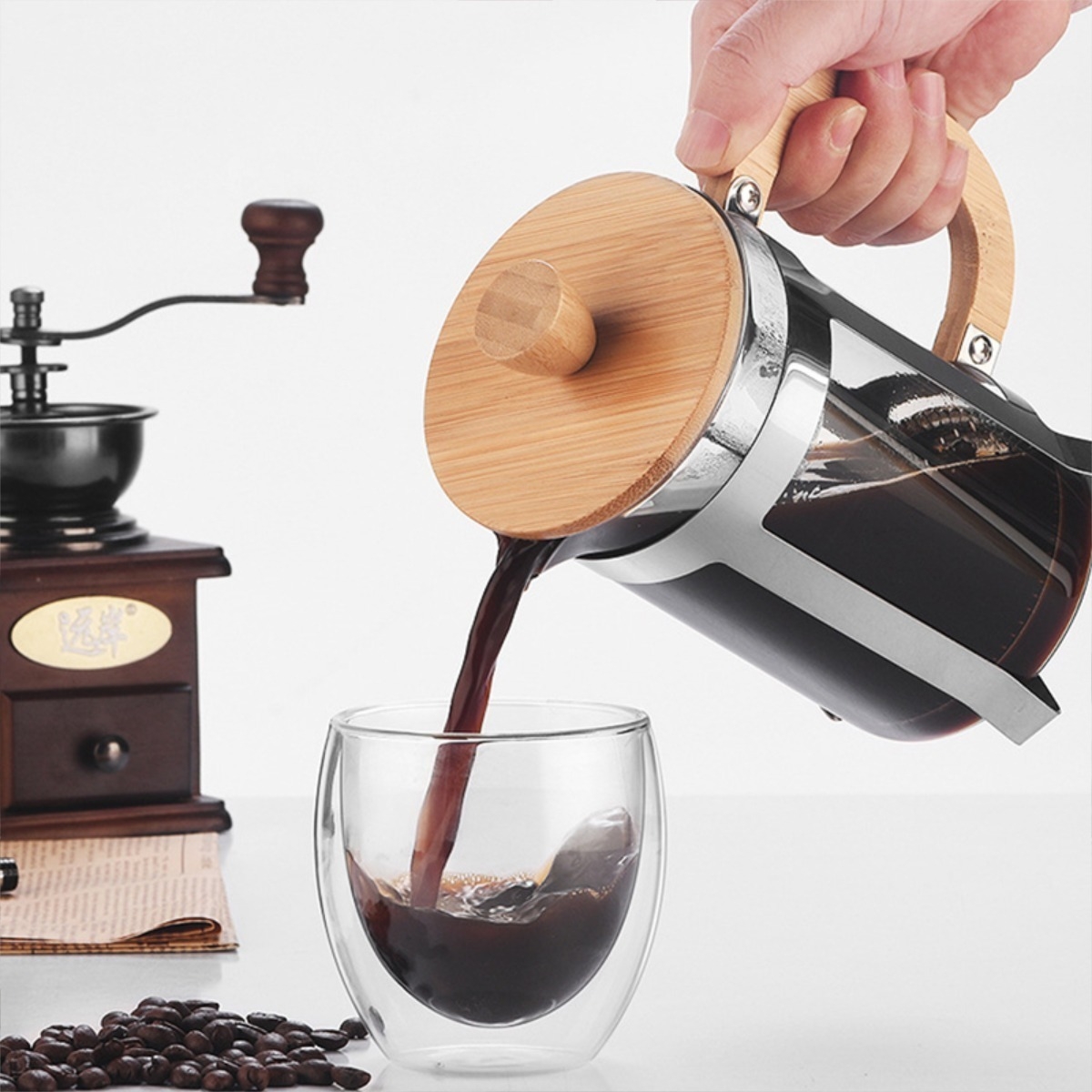 Cafetera Manual Embolo Prensa Francesa Vidrio Y Madera 600ml - Imagen 5