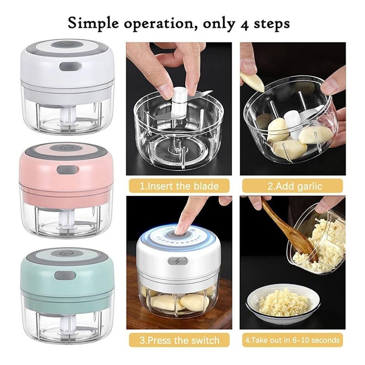 Cortador Triturador Eléctrico Ajo Verduras Recargable 100 Ml - Imagen 3