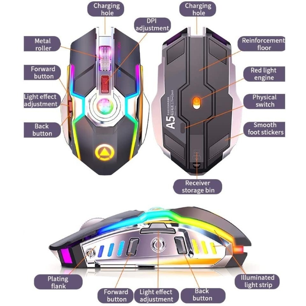 Mouse Juego Inalámbrico Recargable E-sport Game Rgb Ergonomi - Imagen 2