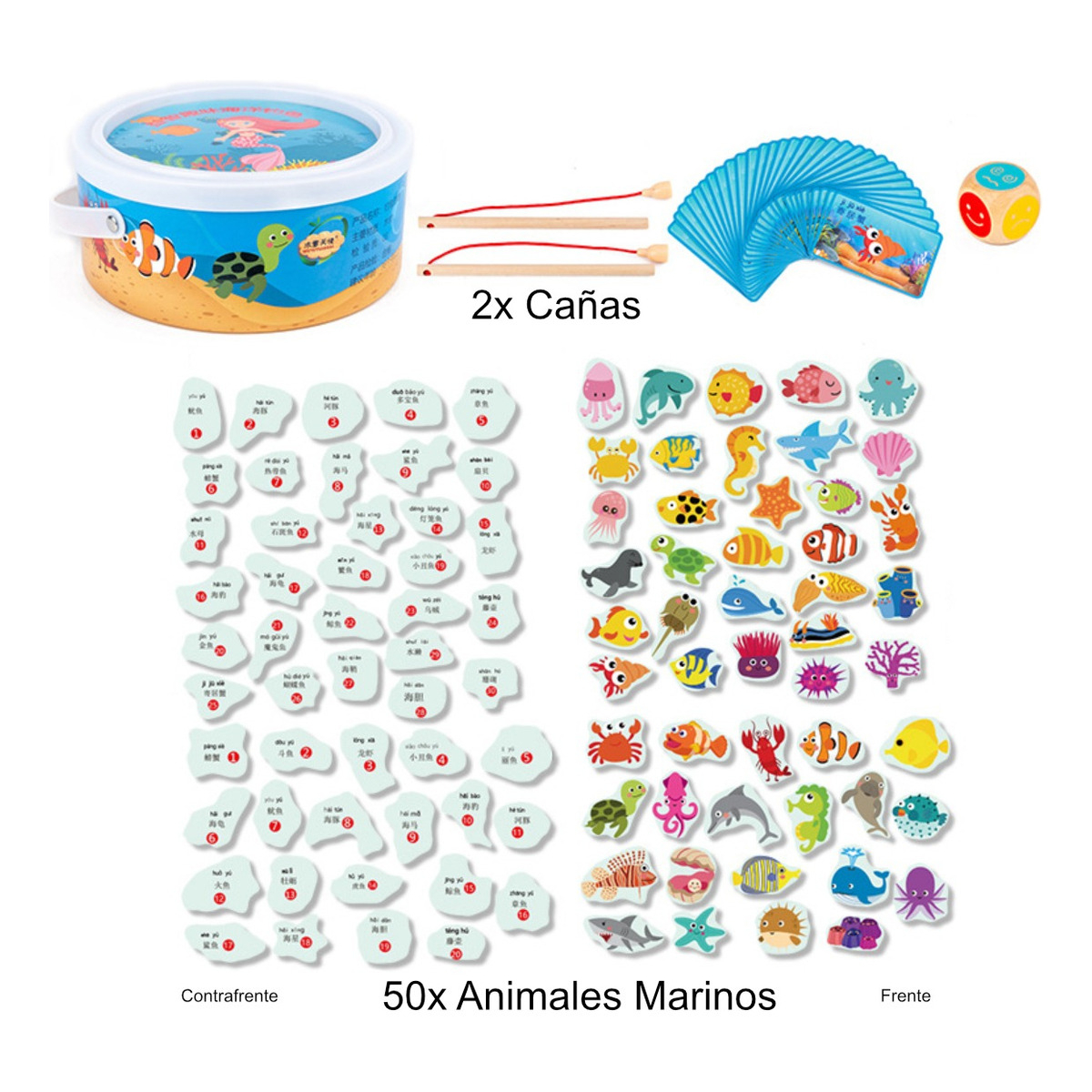 Juego De Pesca Magnetico De Madera 50 Animales Marinos - Imagen 3