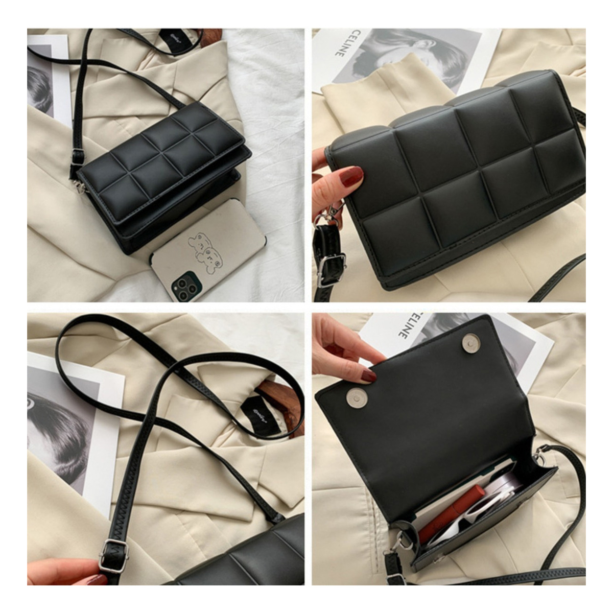 Bandolera Cartera P/ Mujer A Cuadros Capitoneada Moderna - Imagen 3