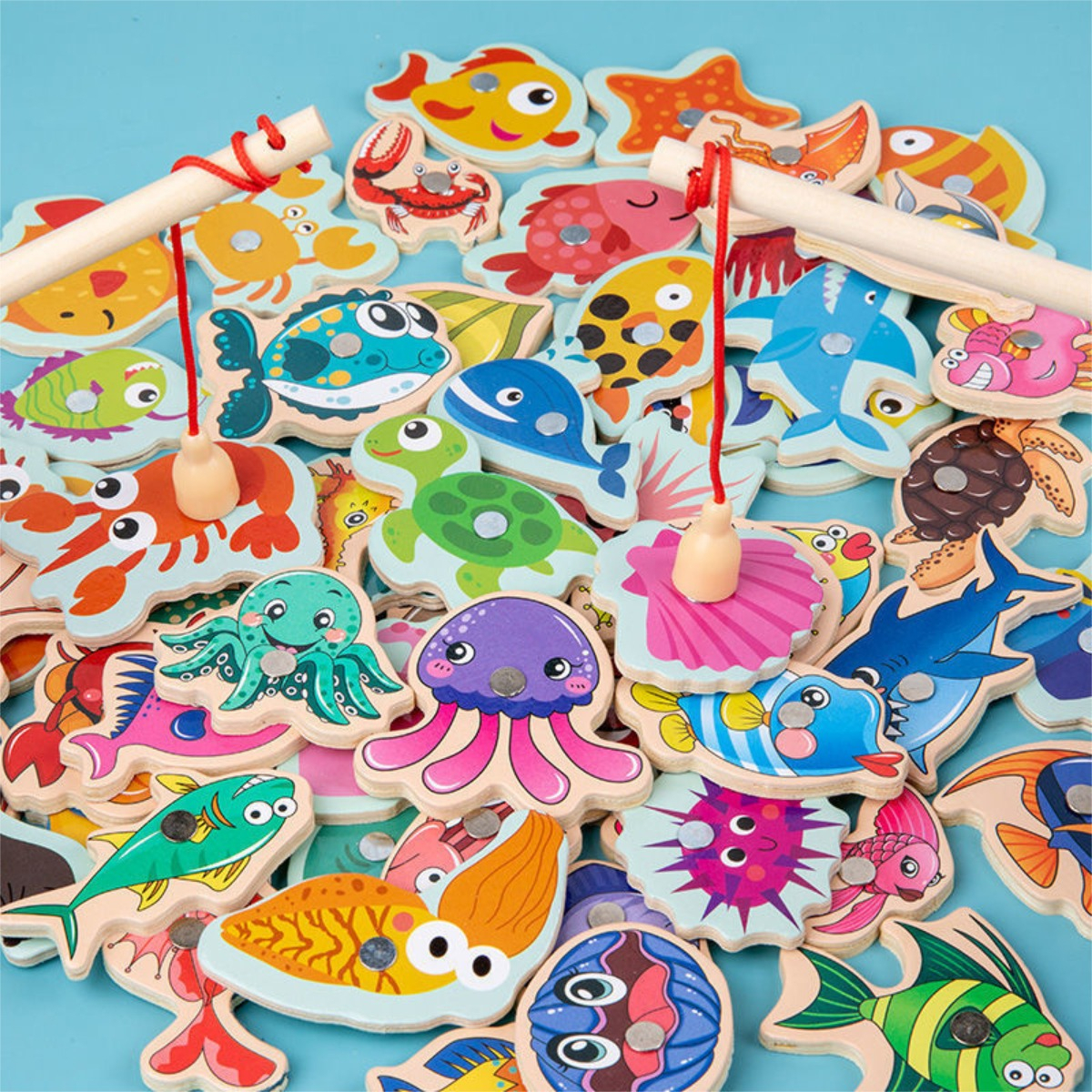 Juego De Pesca Magnetico De Madera 50 Animales Marinos - Imagen 2