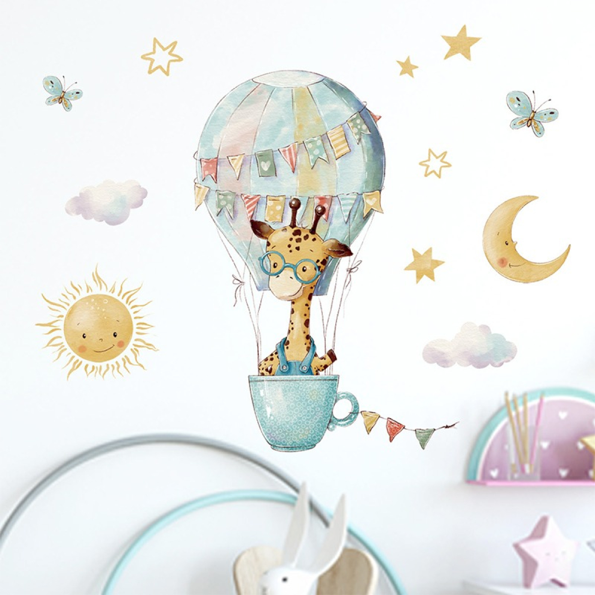 Vinilo Decorativo De Pared Jirafa Globo Aerostatico - Imagen 3