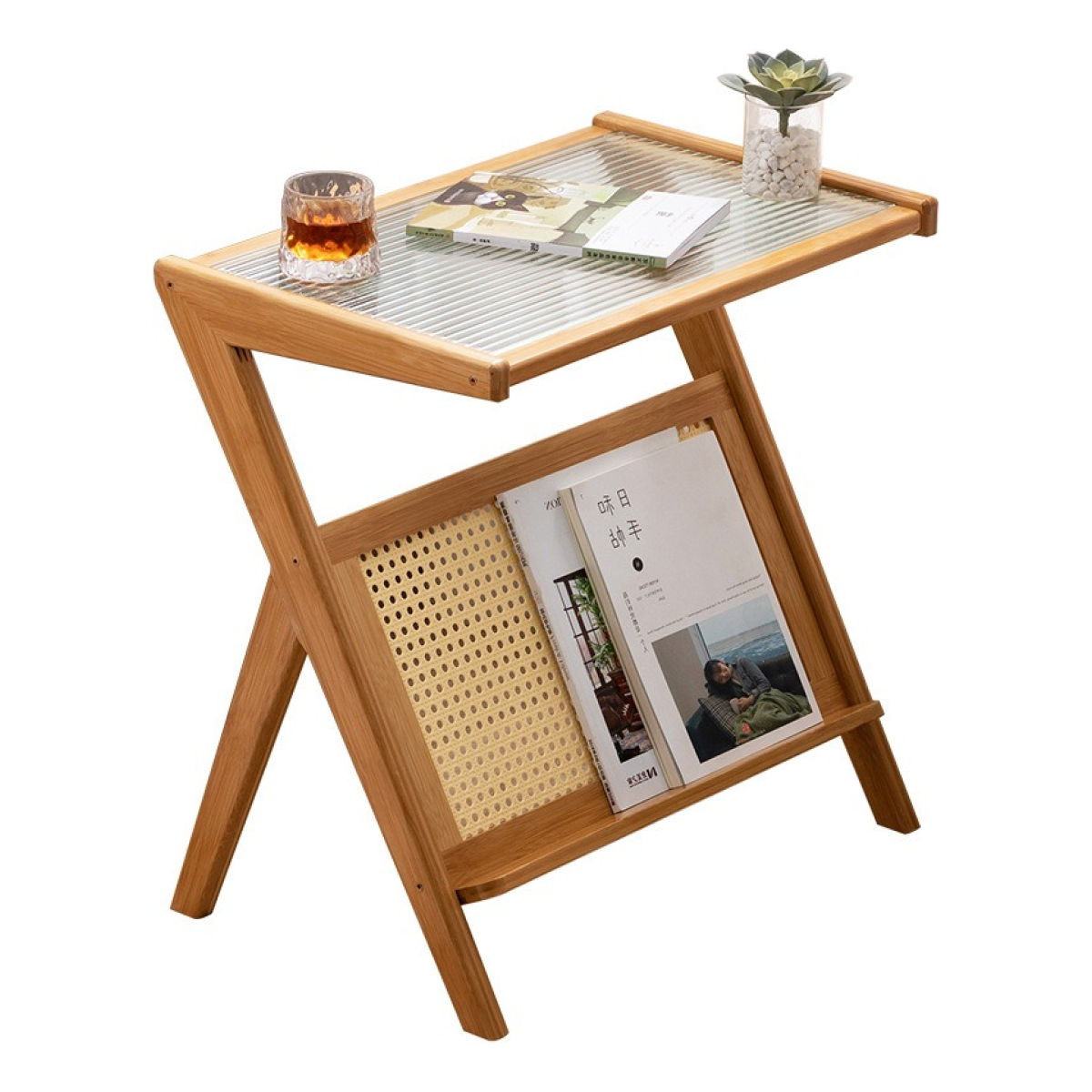 Mesa Auxiliar Con Apoya Libros Bamboo Vidrio Ideal Living - Imagen 1