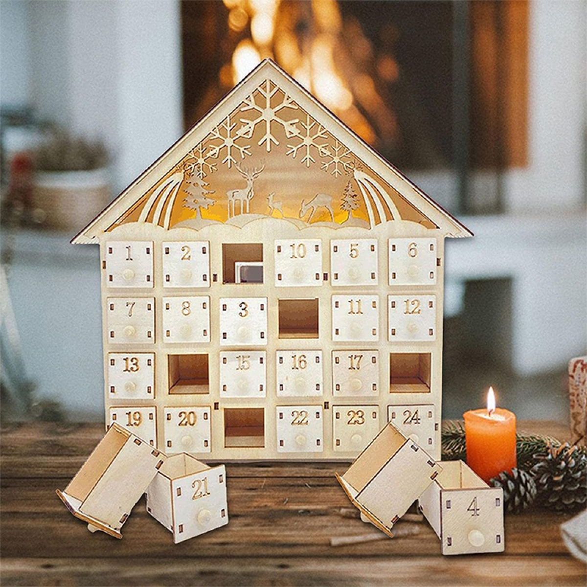 Calendario Adviento Navidad Grande Casita De Madera C/ Luces - Imagen 3