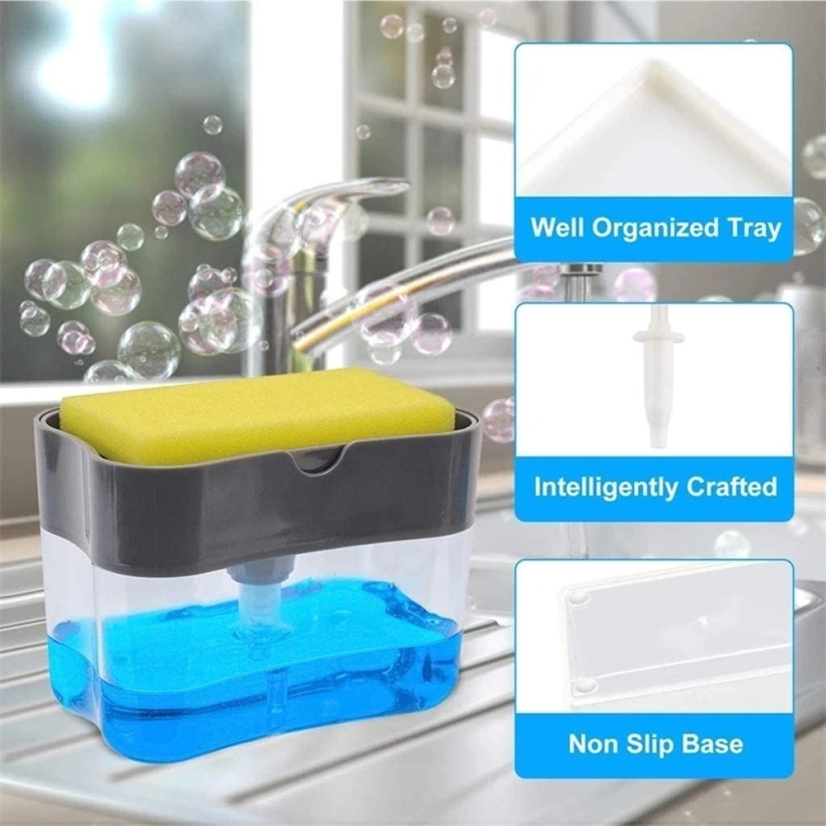 Soporte + Esponja Lava Platos Dispensador Detergente Jabón - Imagen 2