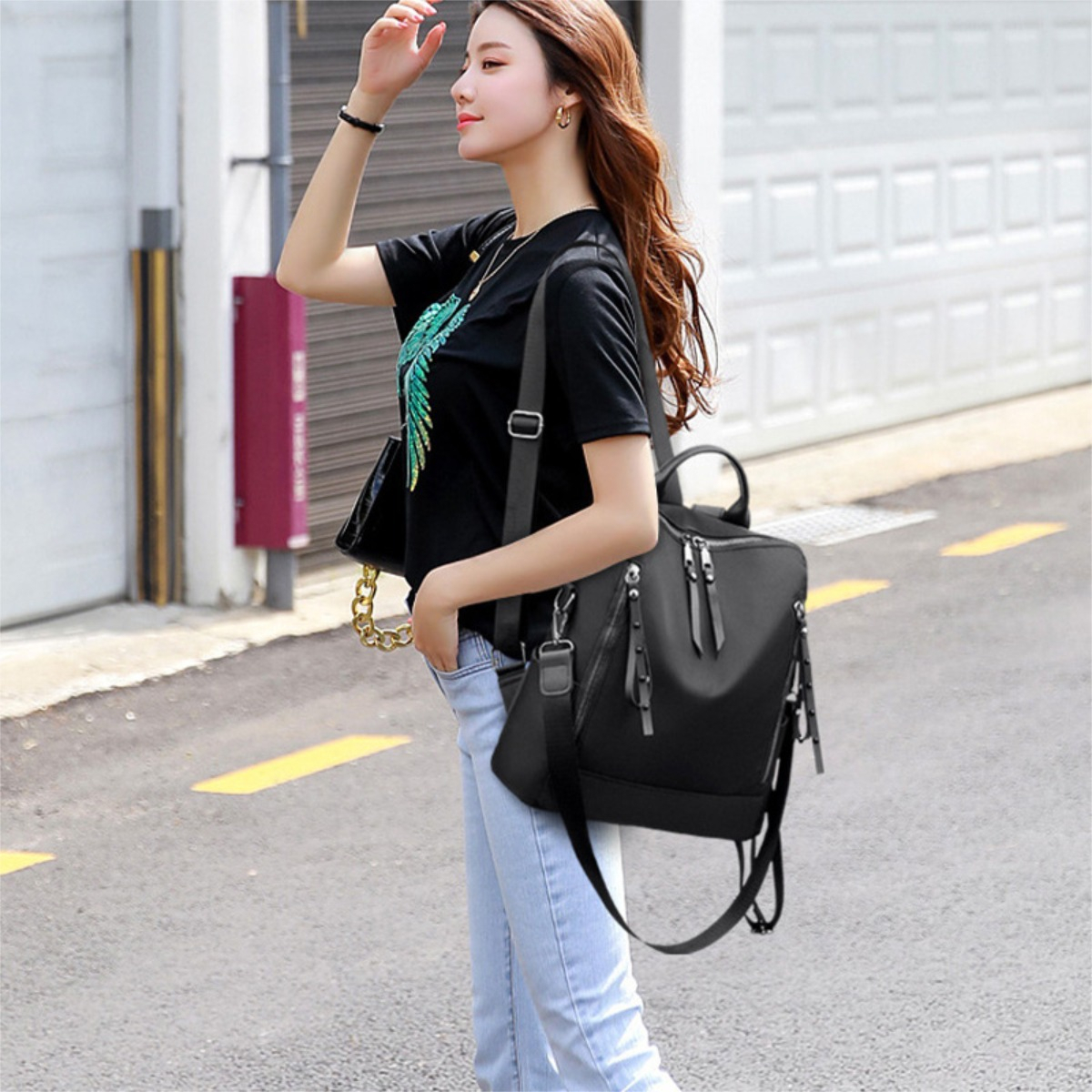 Mochila Doble Bolsillo Exterior Dama Cartera Gran Capacidad - Imagen 7