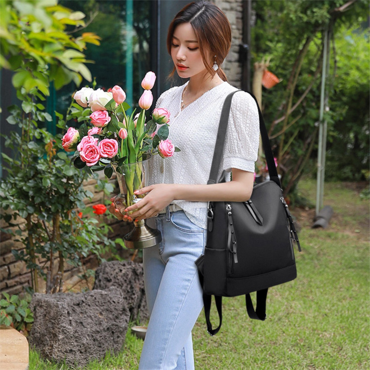 Mochila Doble Bolsillo Exterior Dama Cartera Gran Capacidad - Imagen 6