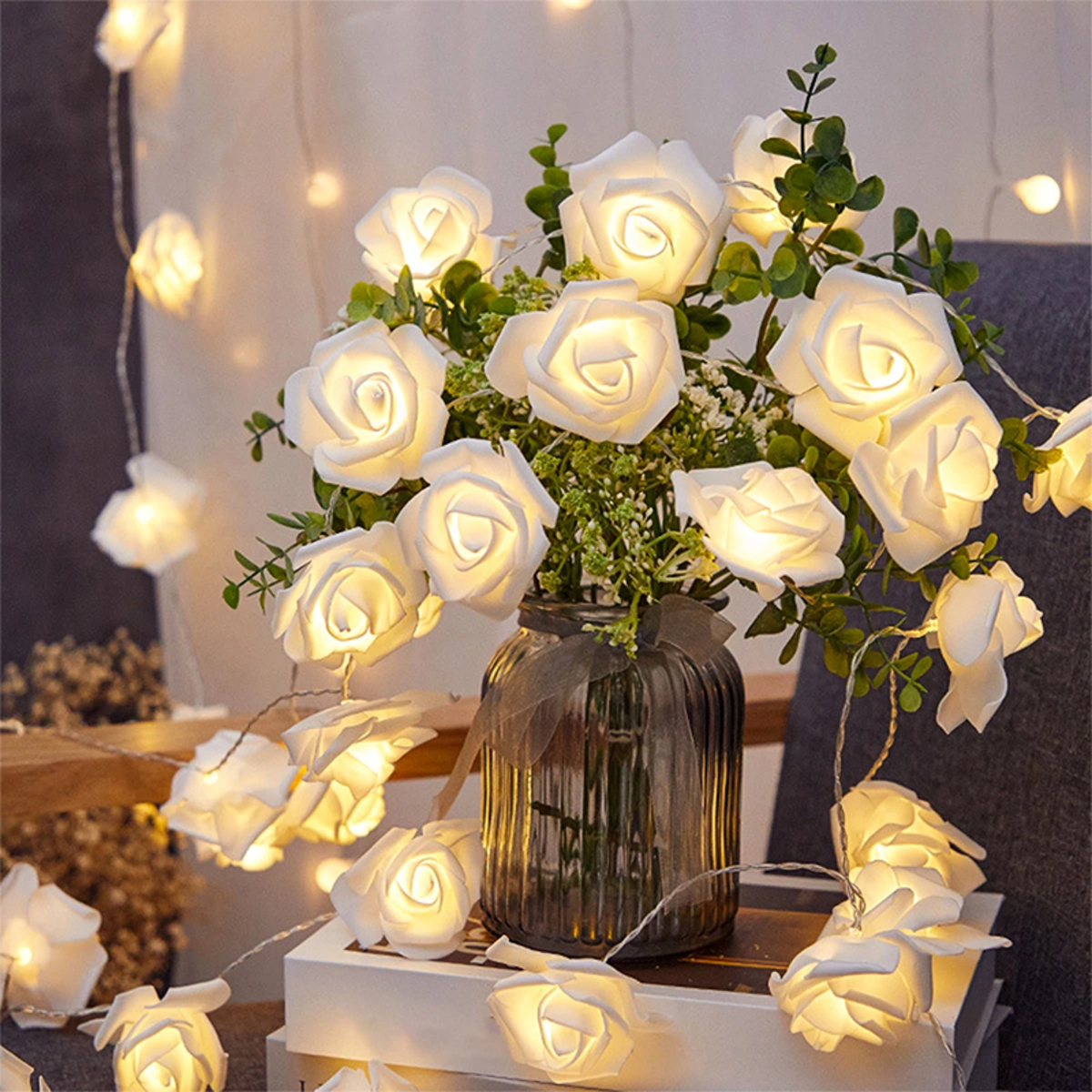 Guirnalda Luces Led Usb Flores Rosas Blancas Calido - Imagen 6
