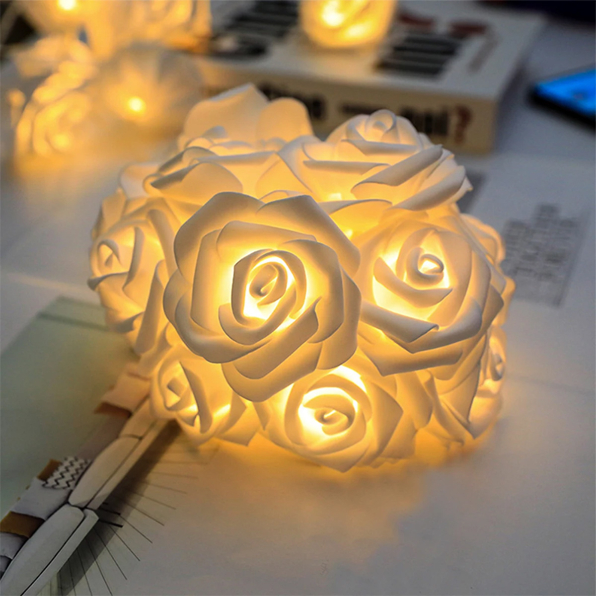 Guirnalda Luces Led Usb Flores Rosas Blancas Calido - Imagen 2