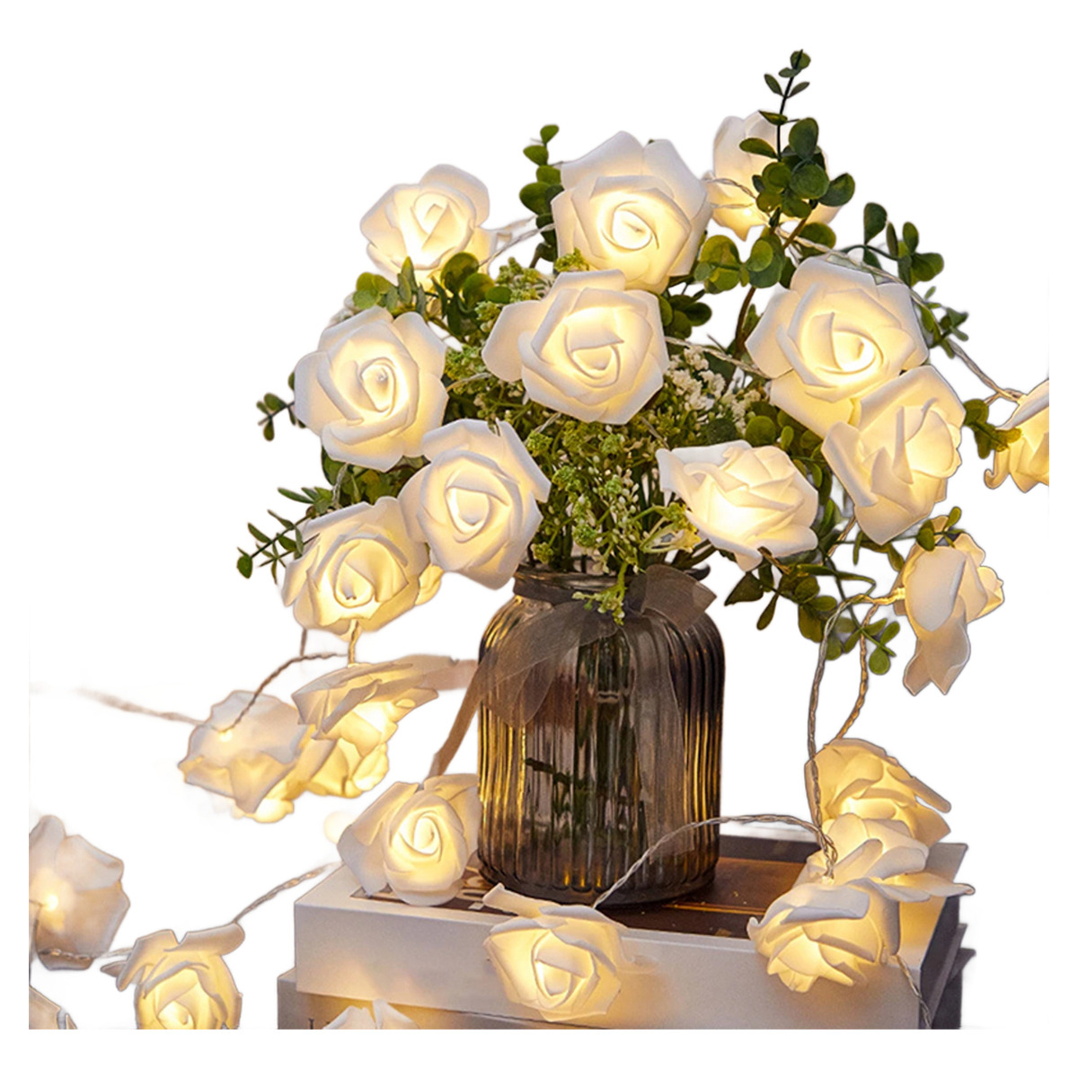 Guirnalda Luces Led Usb Flores Rosas Blancas Calido - Imagen 1