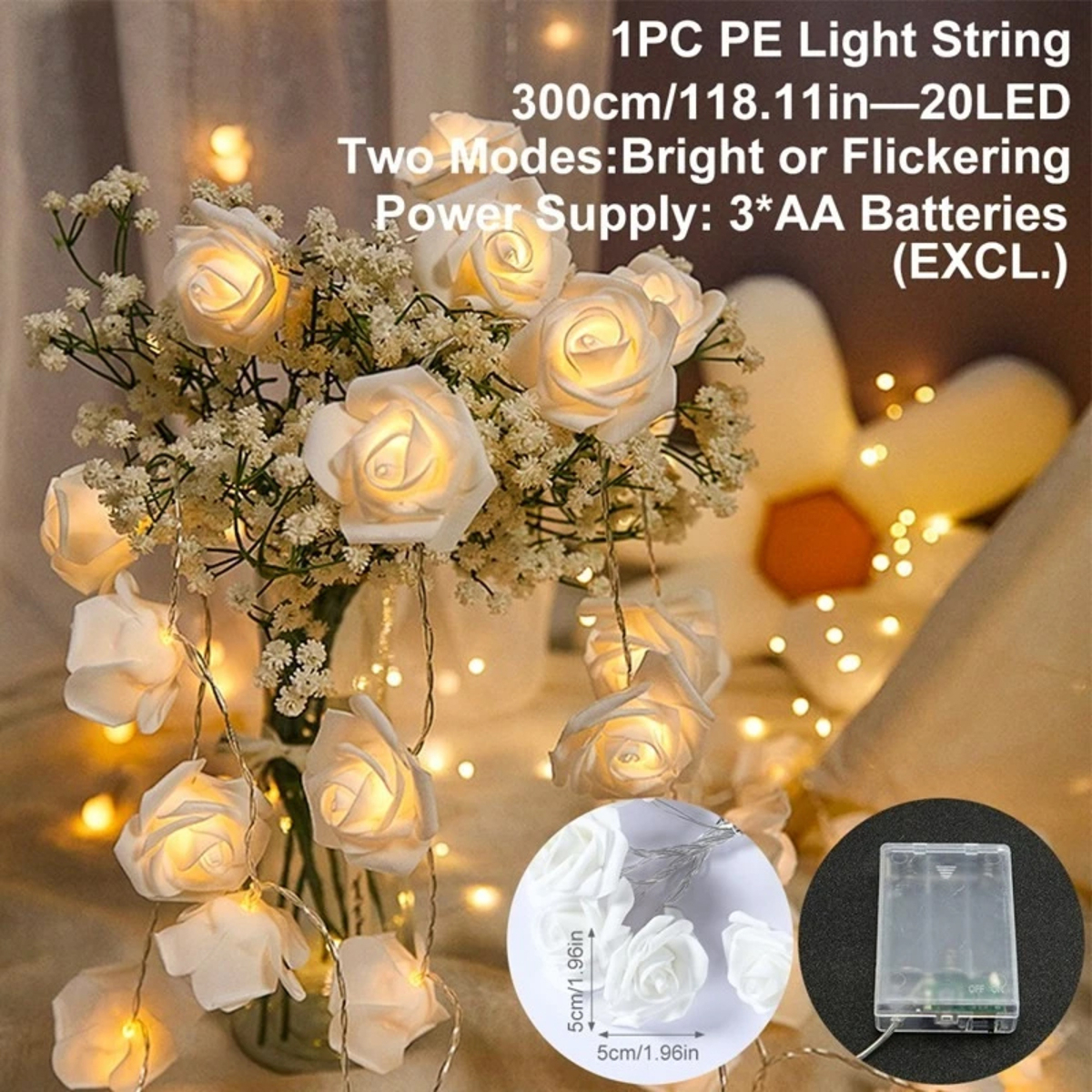 Guirnalda Luces Led Usb Flores Rosas Blancas Calido - Imagen 3