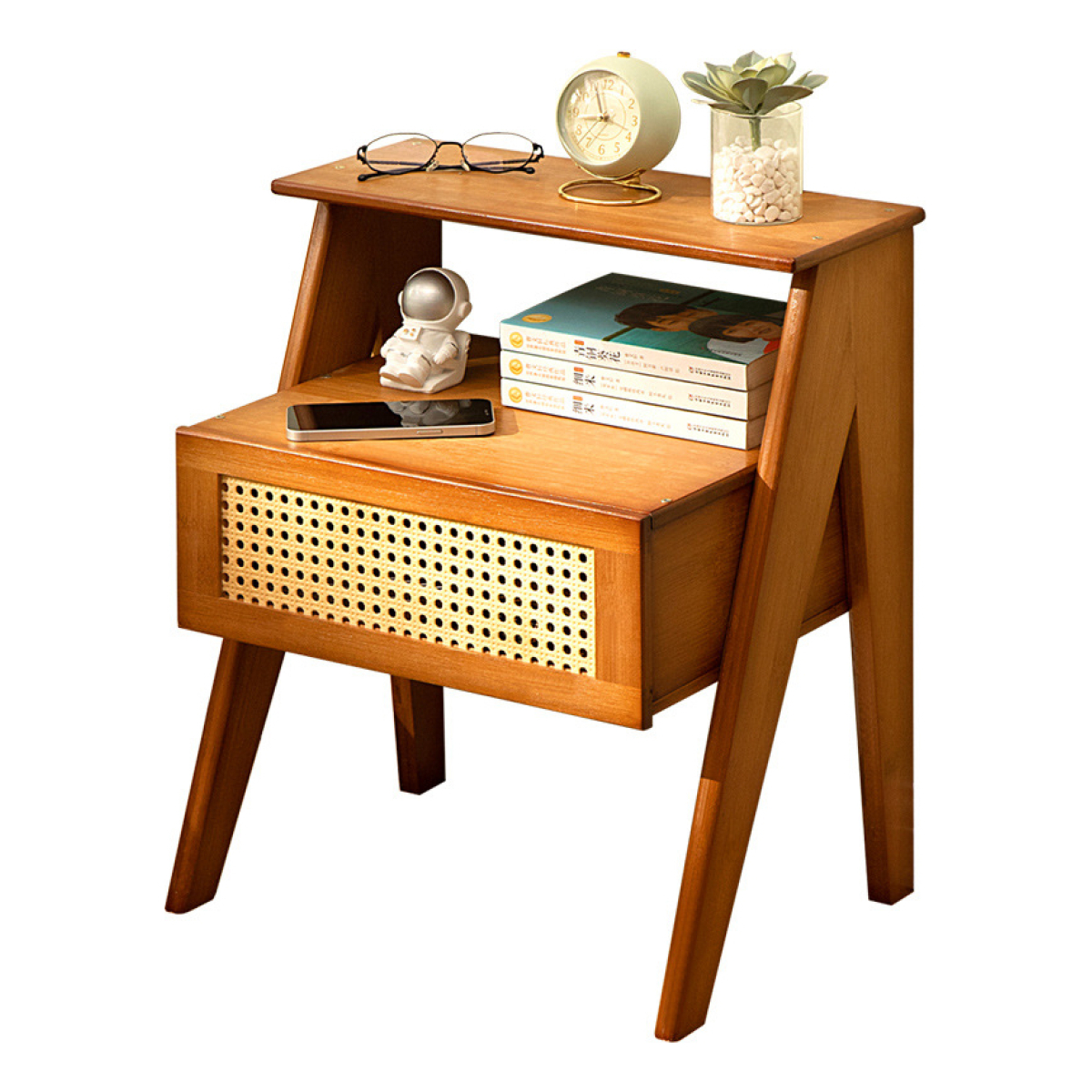 Mesa De Luz Cajon Dos Estantes Tipo Ratan Bamboo Dormitorio - Imagen 1