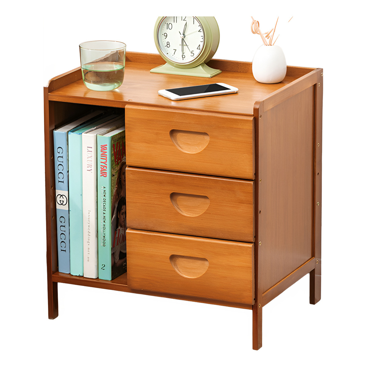 Mesa De Luz Dormitorio Con Tres Cajones Espacio Para Libros - Imagen 5