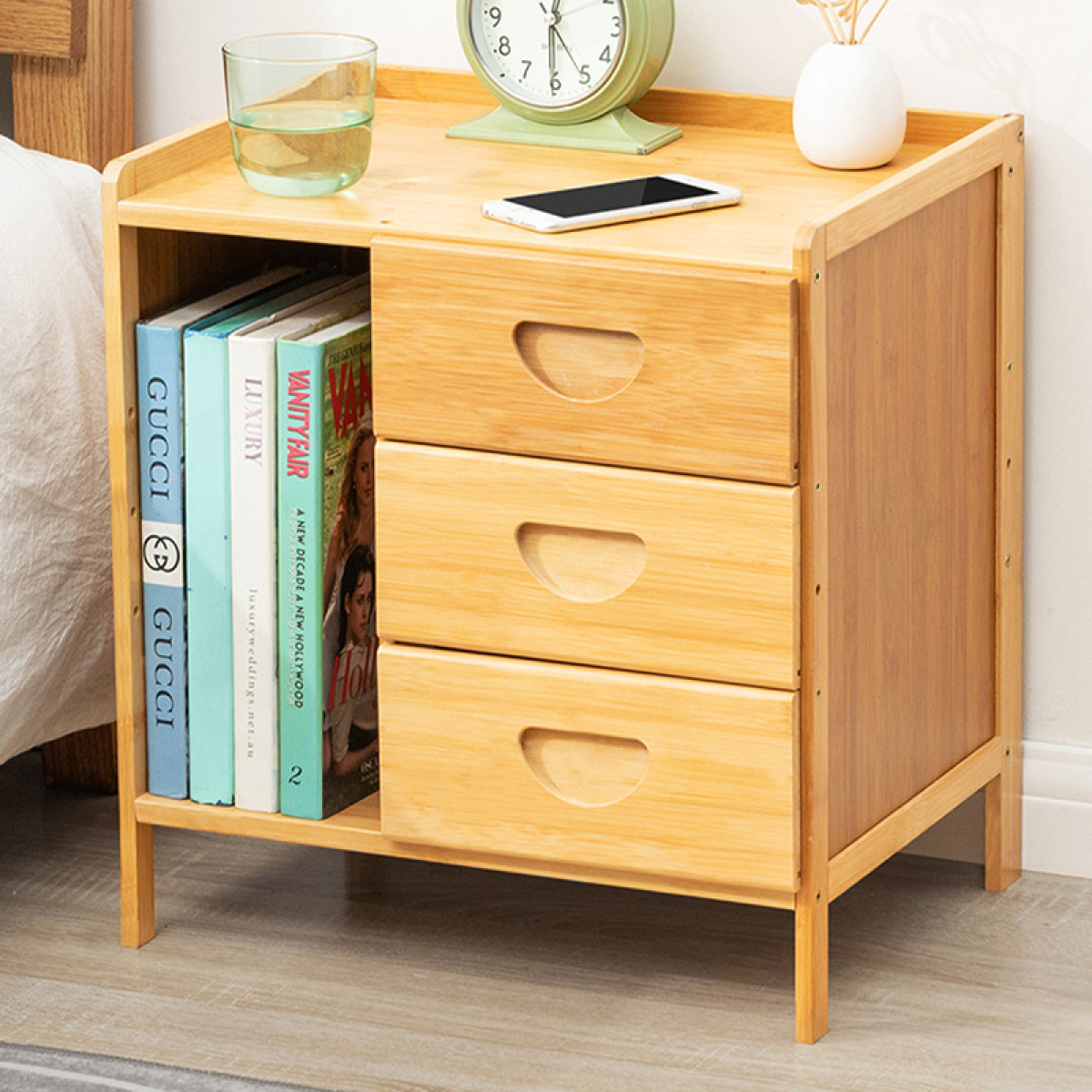 Mesa De Luz Dormitorio Con Tres Cajones Espacio Para Libros - Imagen 2