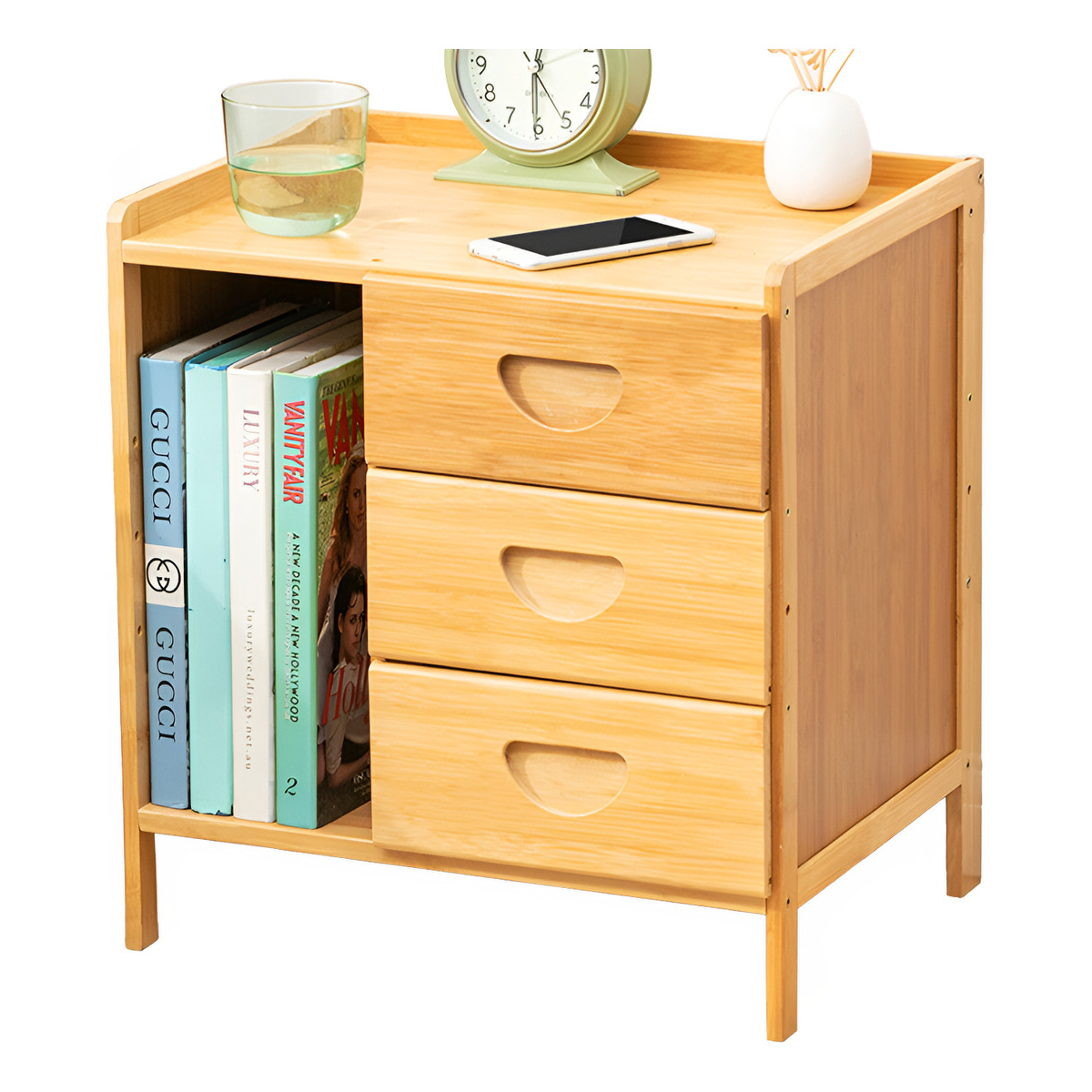 Mesa De Luz Dormitorio Con Tres Cajones Espacio Para Libros - Imagen 1