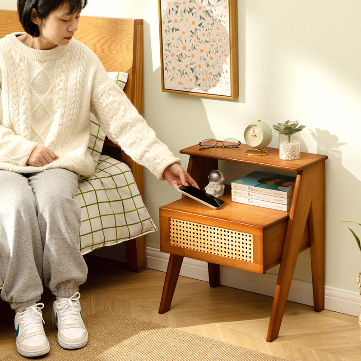 Mesa De Luz Cajon Dos Estantes Tipo Ratan Bamboo Dormitorio - Imagen 5