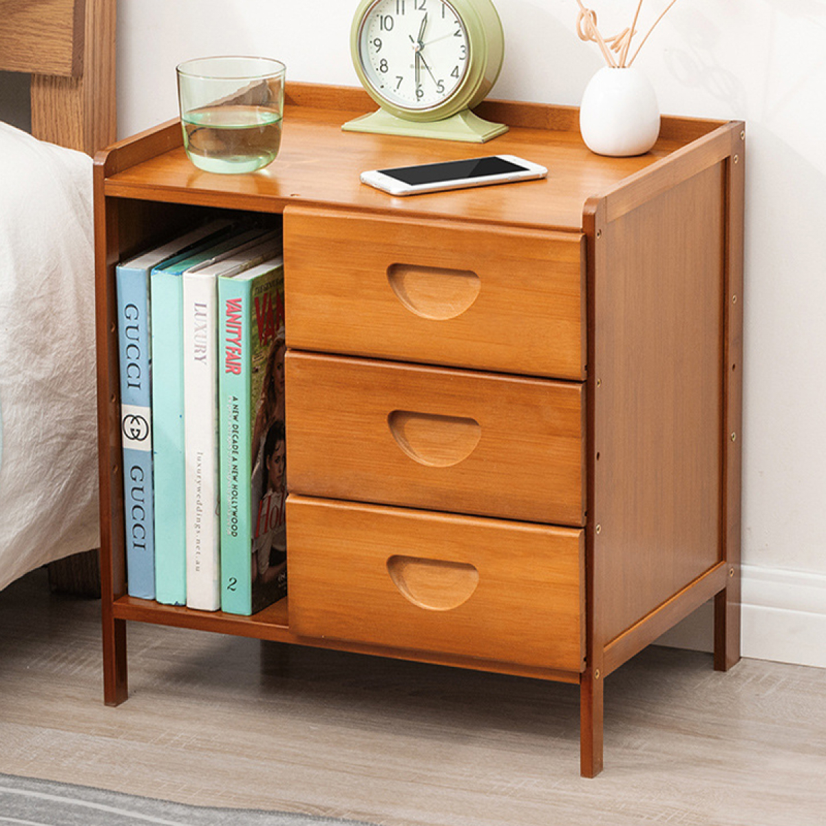 Mesa De Luz Dormitorio Con Tres Cajones Espacio Para Libros - Imagen 6