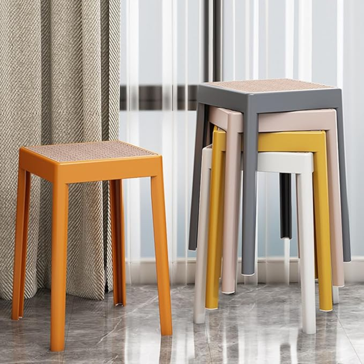 Taburete Banco Banqueta De Plastico Y Rattan Apilable - Imagen 9