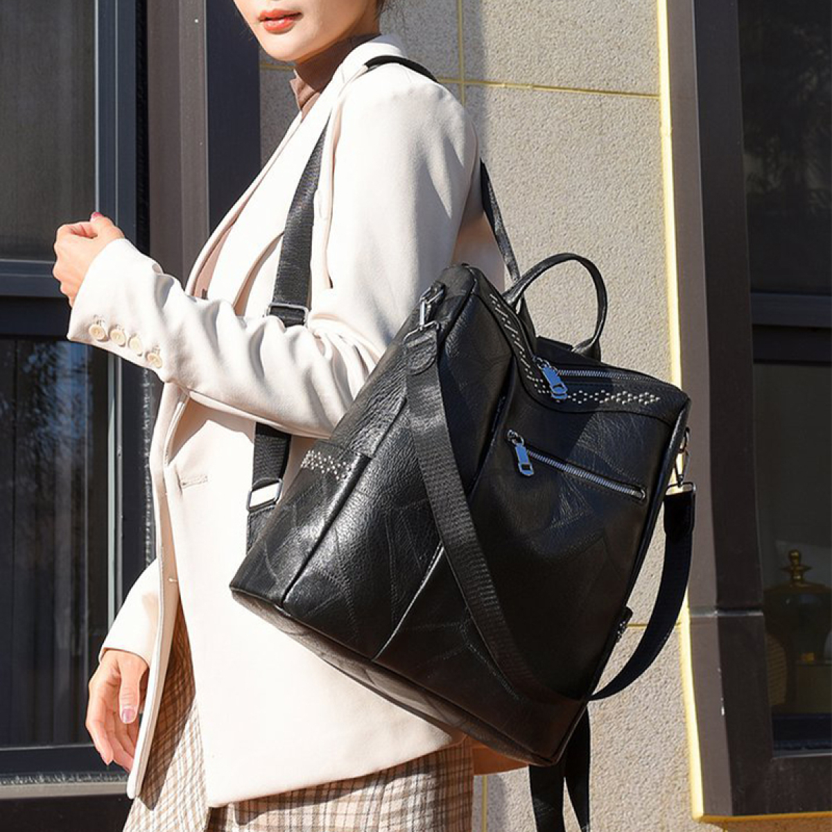 Cartera Mochila Urbana En Cuero Pu Bolsillo Externos - Imagen 4
