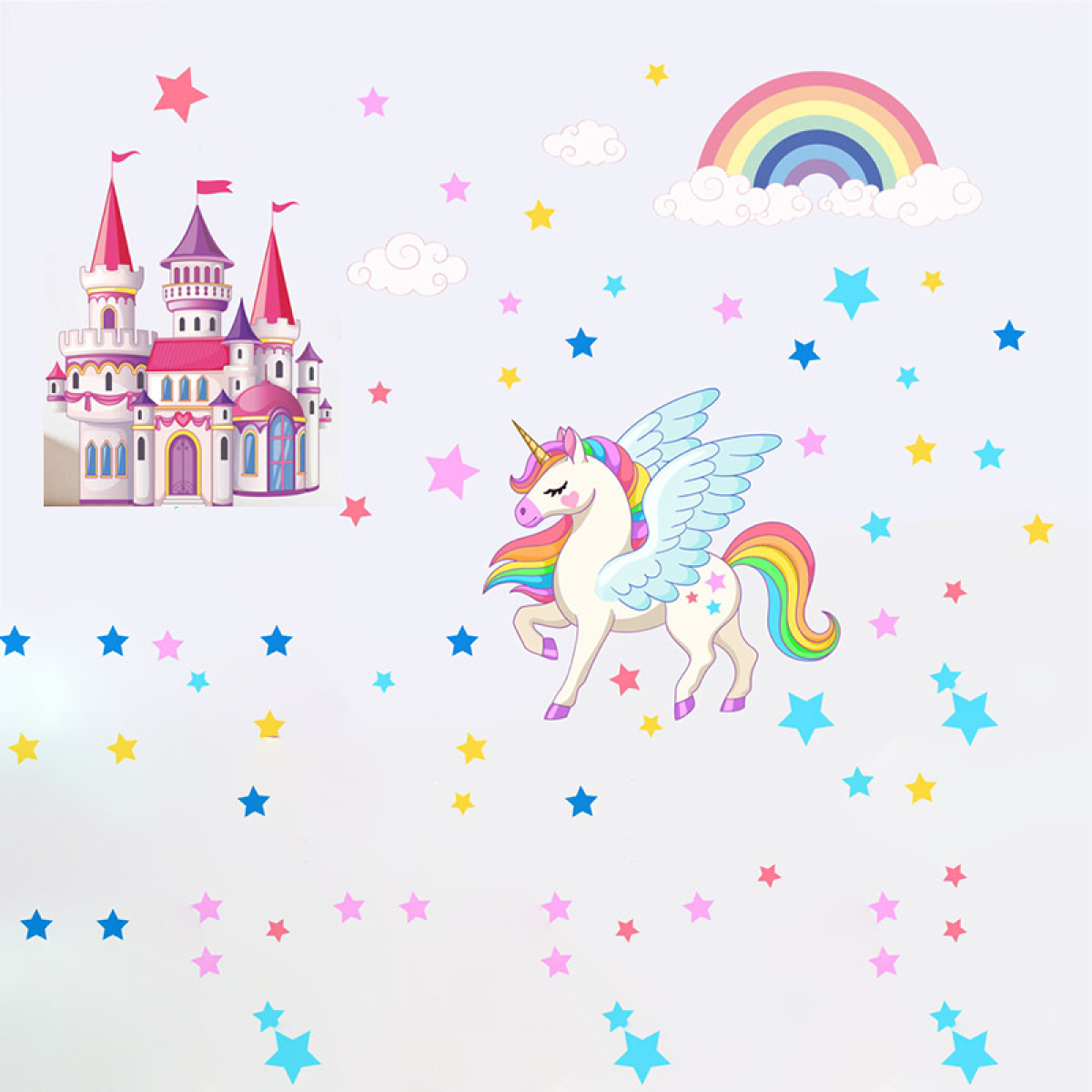Vinilo Adhesivo Unicornio Magico Castillo Arcoiris Estrellas - Imagen 1