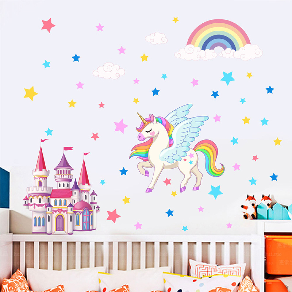 Vinilo Adhesivo Unicornio Magico Castillo Arcoiris Estrellas - Imagen 2