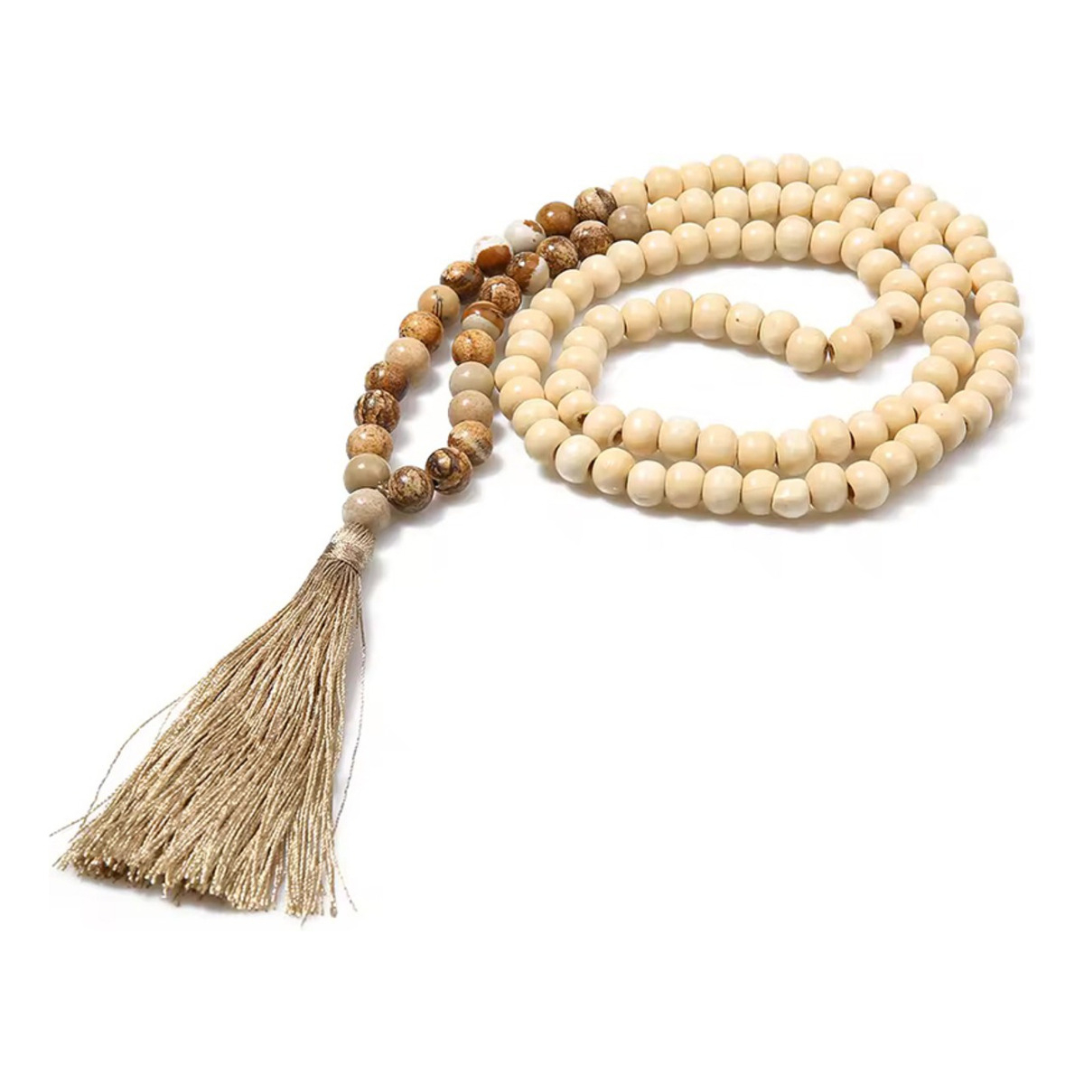Collar De Madera Largo Tipo Japamala Bohemio Natural - Imagen 1