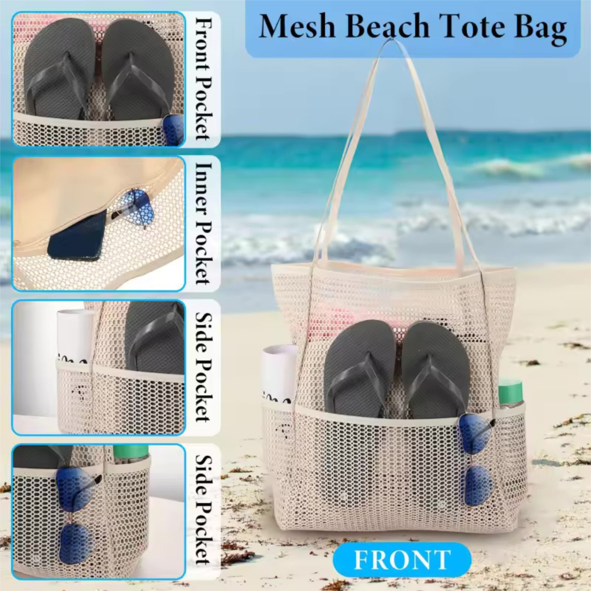 Bolso De Malla Para Playa Grande De Mano Con 5 Bolsillos - Imagen 33