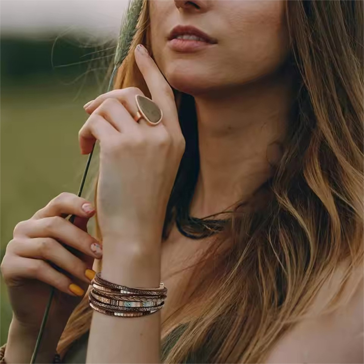 Pulsera Brazalete De Piedra Multicapa Bohemio Retro - Imagen 9