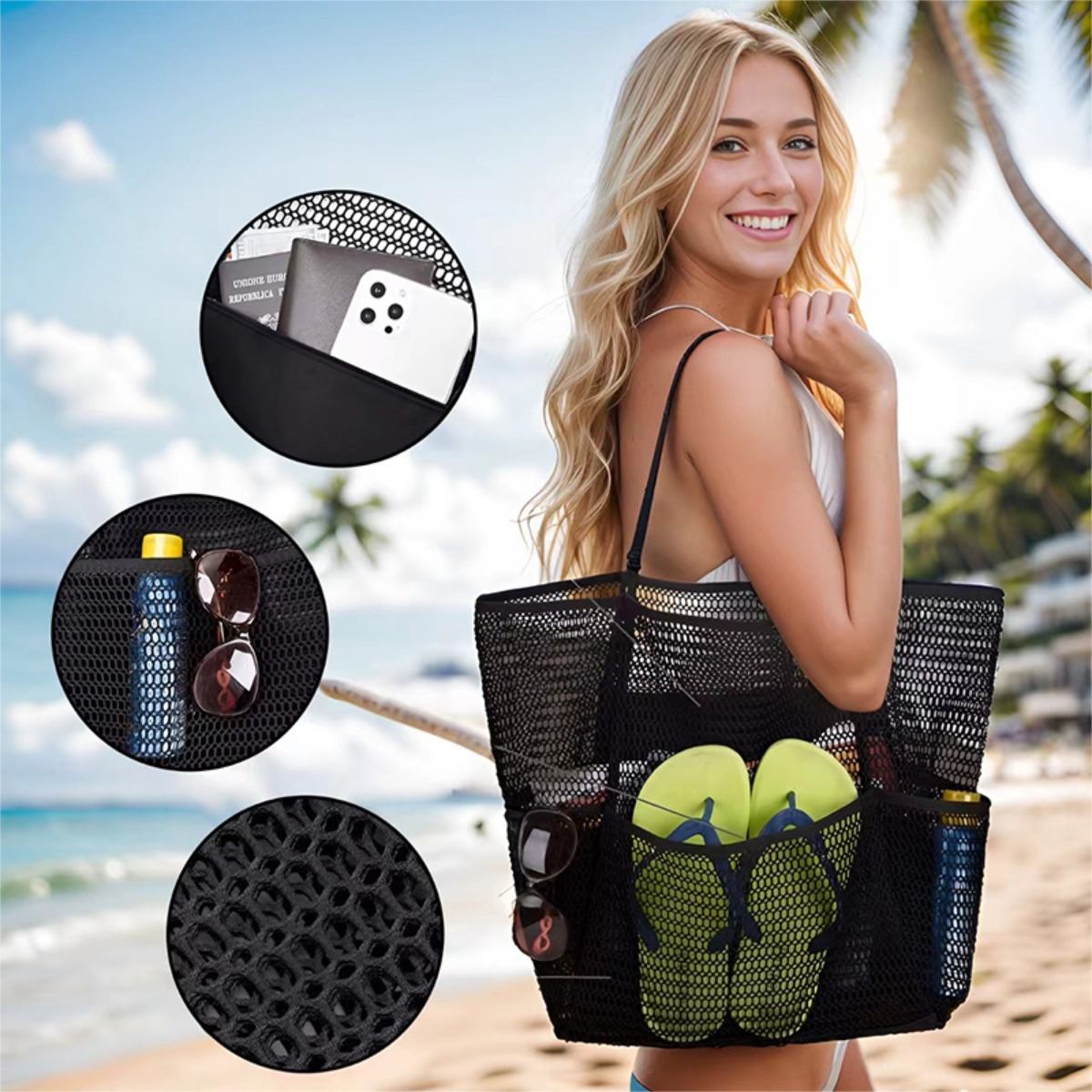 Bolso De Malla Para Playa Grande De Mano Con 5 Bolsillos - Imagen 30