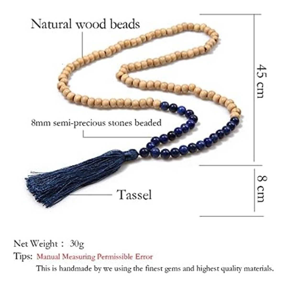 Collar De Madera Largo Tipo Japamala Bohemio Natural - Imagen 3