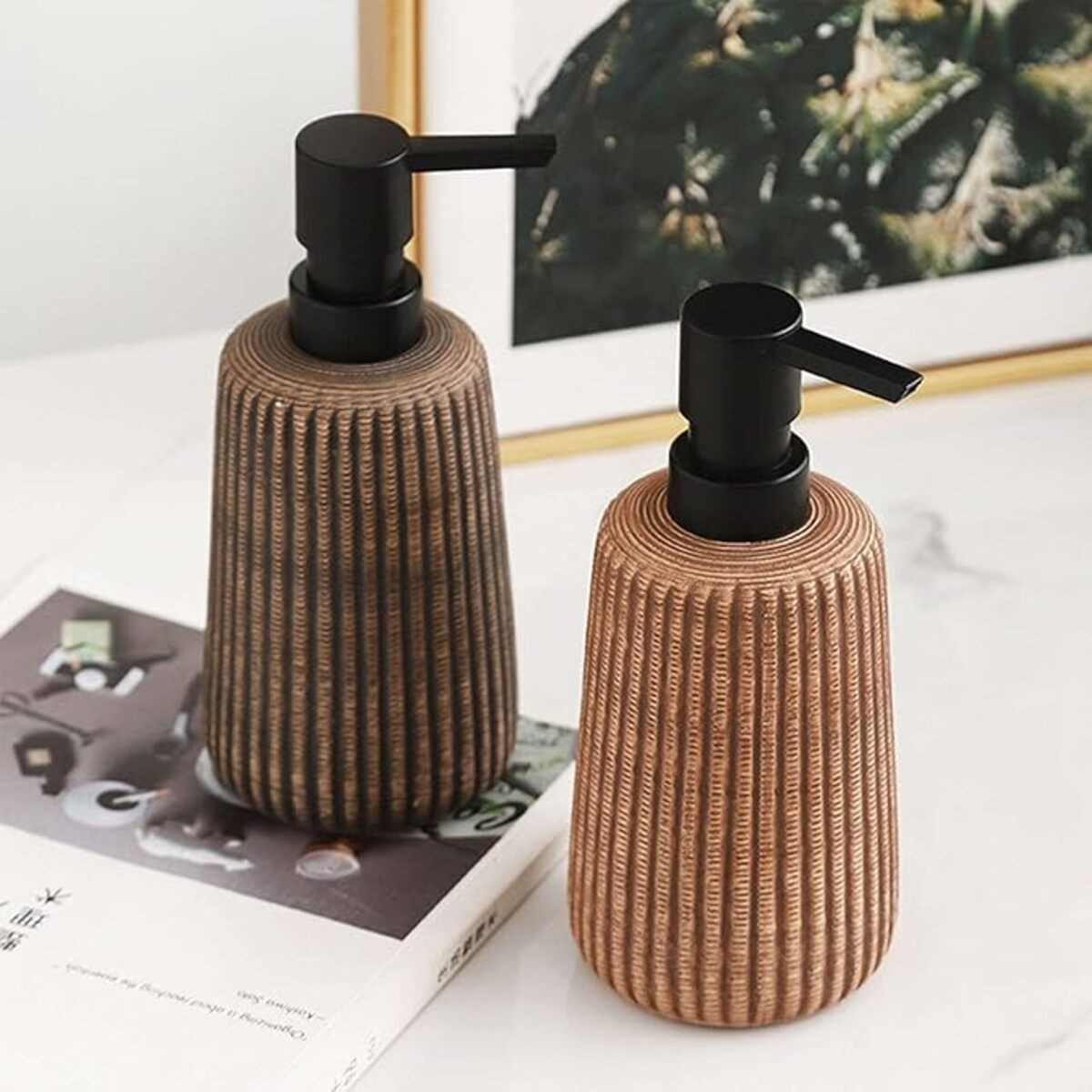 Dispensador De Jabón Cerámica A Rayas Texturizado Para Baño - Imagen 4