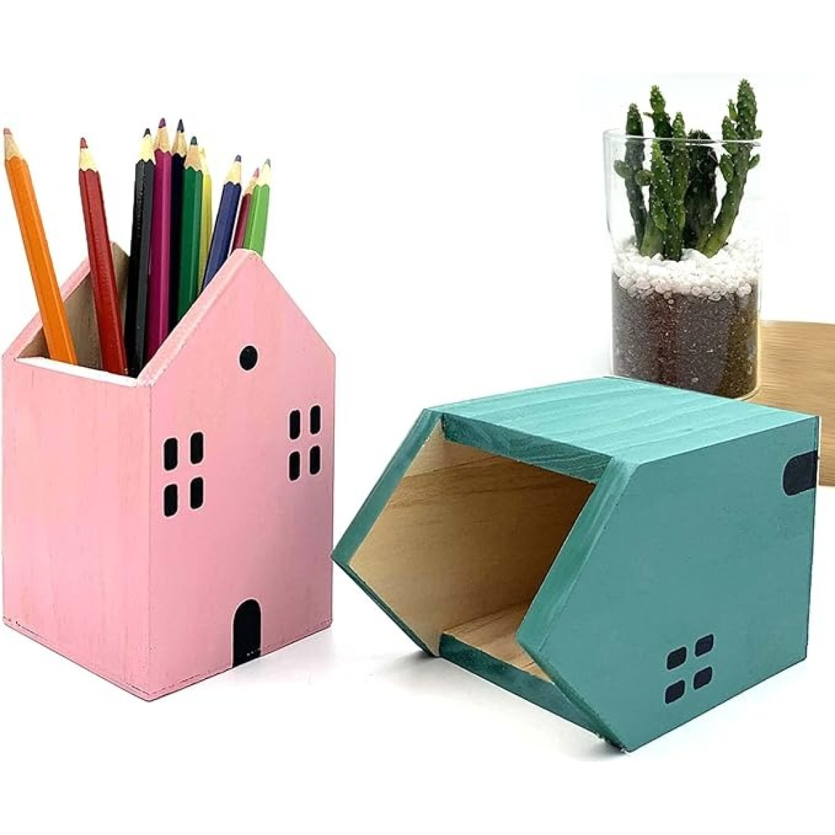 Portalapices Organizador De Madera Para Escritorio Casitas - Imagen 4