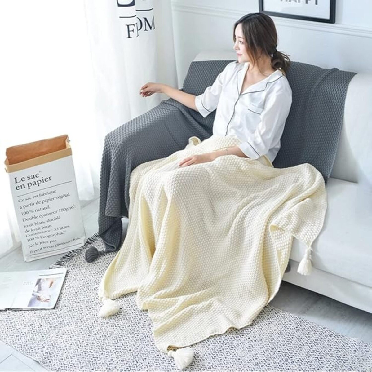 Manta De Lana Con Borlas Throw Blanket Sofa 130x170cm - Imagen 2